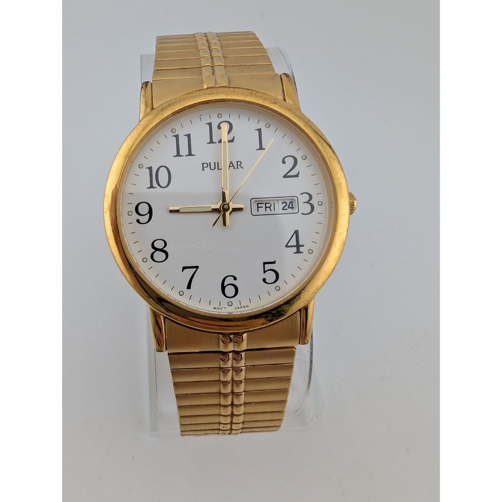 Vtg Pulsar Watch Men 35mm Case Gold Stretch Band VX33-X079 New Battery - Picture 3 of 8